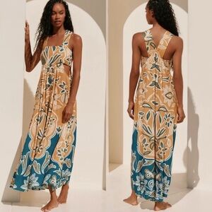 Anthropologie Floral Maxi Dress in Blue and Tan